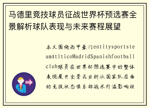 马德里竞技球员征战世界杯预选赛全景解析球队表现与未来赛程展望